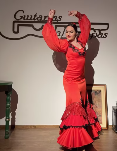 Movimiento del vestido de flamenca deVanesa Cortes durante un giro en Guitarras al Compás